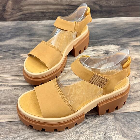 NIB Timberland Everleigh 9M Lug Sole Ankle Strap Sandal Wheat Nubuck - Picture 3 of 10